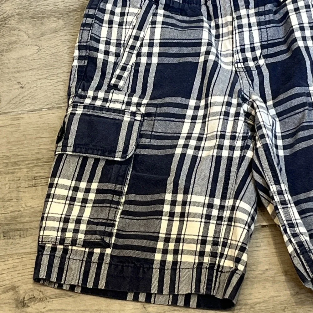 Lands' End Shorts Boy 6 Navy Blue Plaid Cargo Shorts‎ Cotton Elastic Back Preppy
